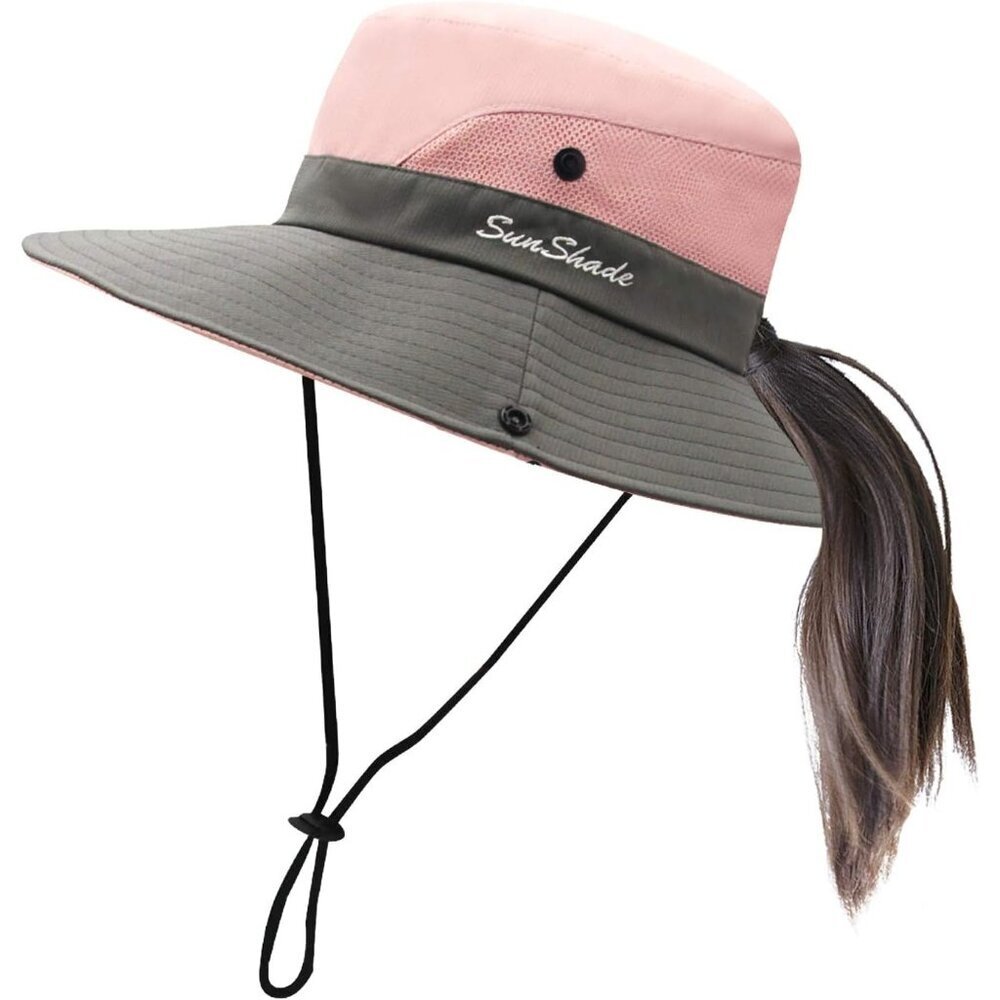 Womens Pink & Gray Wide Brim Mesh Vent Boonie With Chin Strap Classic Cowboy Hat